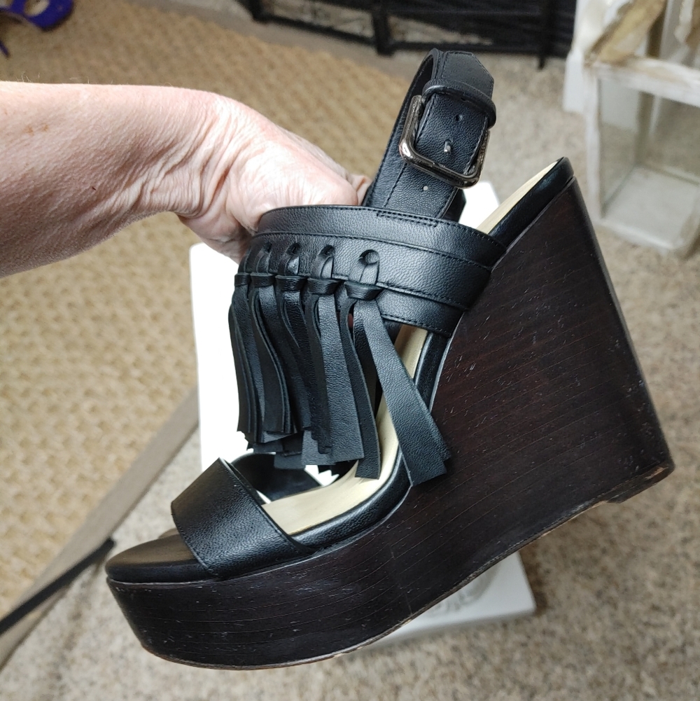 JIMMY CHOO NYA 120 FRINGE WEDGE SANDAL, BLACK 38 - Picture 10 of 14